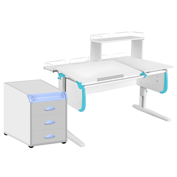 Парта Дэми СУТ-25-04Д1 120 см раздельная с тумбой с приставкой и надстройкой белый/ниагара/белый c тумбой ТУВ.06