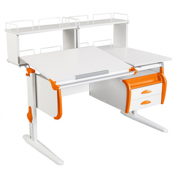 Парта Дэми СУТ-25-04Д2 120 см раздельная с тумбой и надстройками белый/оранжевый/белый каркас