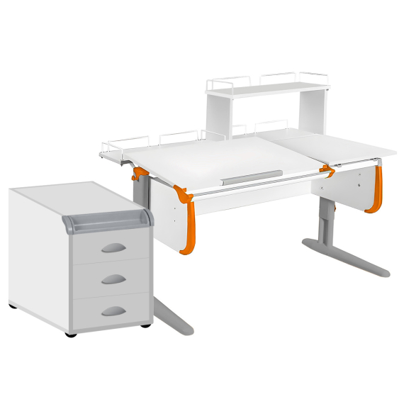 Парта Дэми СУТ-25-04Д1 120 см раздельная с тумбой с приставкой и надстройкой белый/оранжевый/серый c тумбой ТУВ.06
