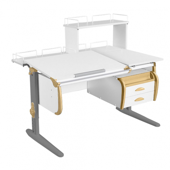 Парта Дэми СУТ-25-04Д1 120 см раздельная с тумбой с приставкой и надстройкой белый/бежевый/серый с тумбой ТСН-01-01
