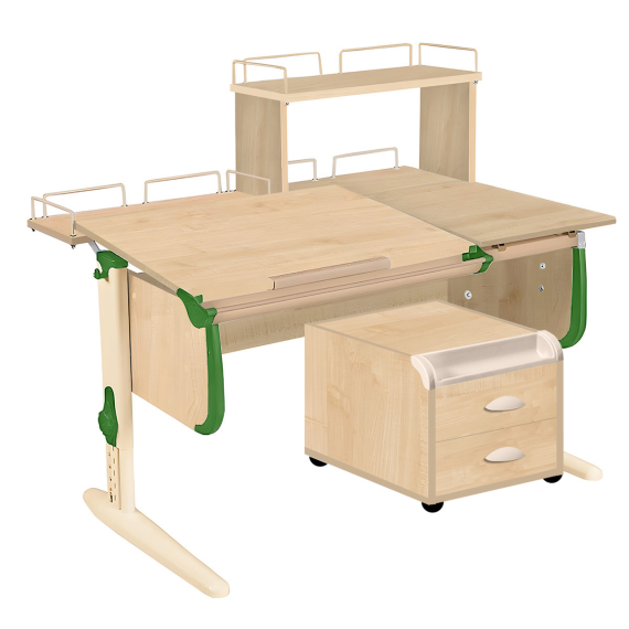 Парта Дэми СУТ-25-04Д1 120 см раздельная с тумбой с приставкой и надстройкой клен/зеленый/бежевый c тумбой ТУВ-09