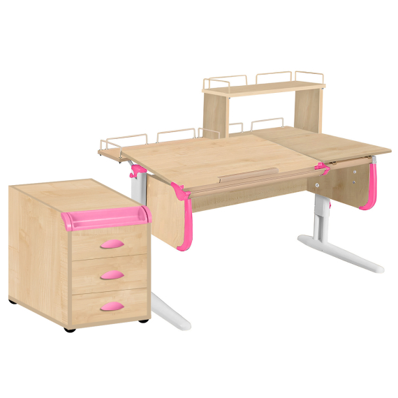 Парта Дэми СУТ-25-04Д1 120 см раздельная с тумбой с приставкой и надстройкой клен/розовый/белый c тумбой ТУВ.06