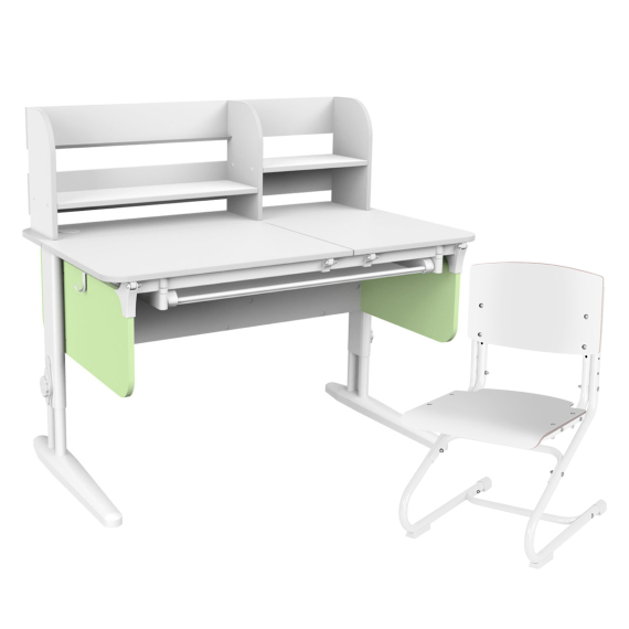 Комплект Дэми СУТ.62 PRO парта + стул + надстройка + выдвижной ящик белый/фисташковый/белый со стулом СУТ-01-01 фанера белый/белый
