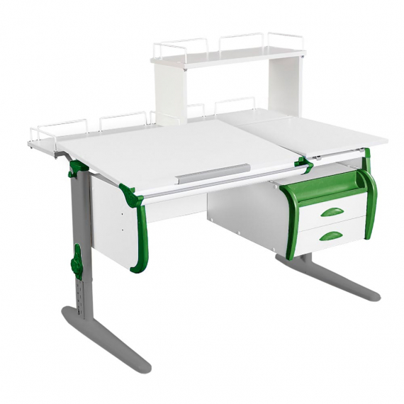 Парта Дэми СУТ-25-04Д1 120 см раздельная с тумбой с приставкой и надстройкой белый/зеленый/серый с тумбой ТСН-01-01