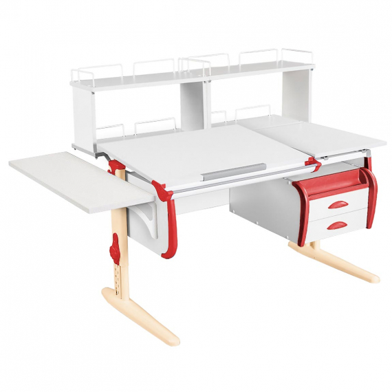 Парта Дэми СУТ-25-05Д2 120 см раздельная с тумбой с приставкой и надстройками белый/красный/бежевый каркас