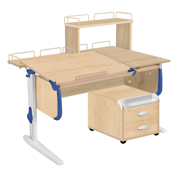 Парта Дэми СУТ-25-04Д1 120 см раздельная с тумбой с приставкой и надстройкой клен/синий/белый c тумбой ТУВ-09