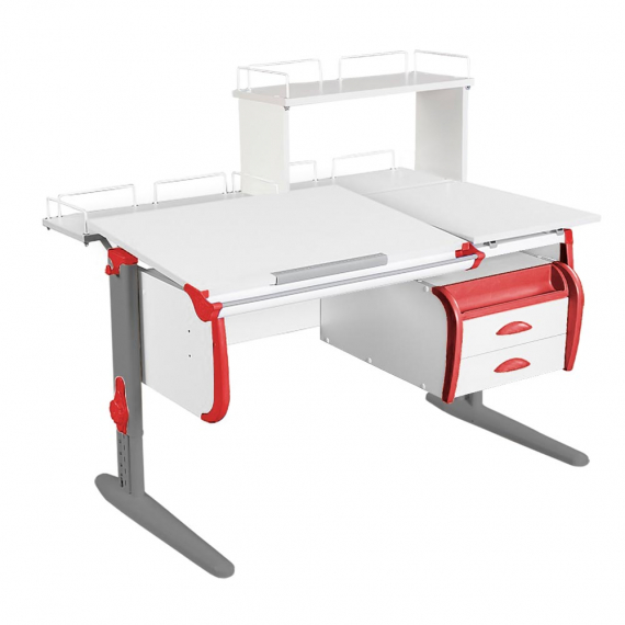 Парта Дэми СУТ-25-04Д1 120 см раздельная с тумбой с приставкой и надстройкой белый/красный/серый с тумбой ТСН-01-01
