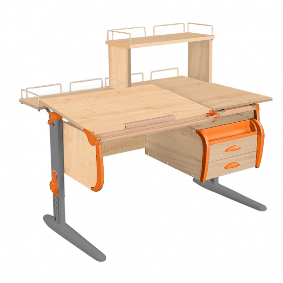 Парта Дэми СУТ-25-04Д1 120 см раздельная с тумбой с приставкой и надстройкой клен/оранжевый/серый с тумбой ТСН-01-01