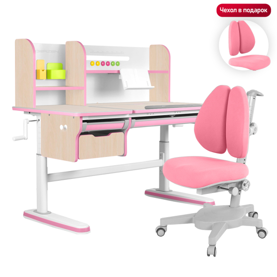 Комплект Kinderzen Dali Plus парта + кресло + надстройка + выдвижной ящик + органайзер + подставка для книг клен/розовый с розовым креслом Armata Duos