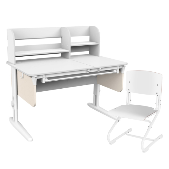 Комплект Дэми СУТ.62 PRO парта + стул + надстройка + выдвижной ящик белый/кремовый/белый со стулом СУТ-01-01 фанера белый/белый