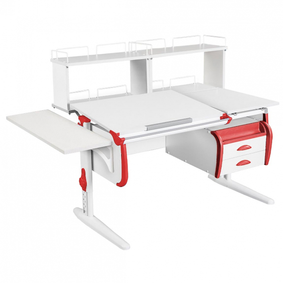 Парта Дэми СУТ-25-05Д2 120 см раздельная с тумбой с приставкой и надстройками белый/красный/белый каркас