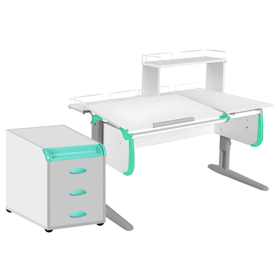 Парта Дэми СУТ-25-04Д1 120 см раздельная с тумбой с приставкой и надстройкой белый/аквамарин/серый c тумбой ТУВ.06