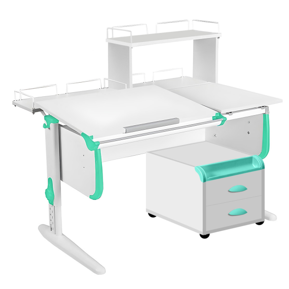Парта Дэми СУТ-25-04Д1 120 см раздельная с тумбой с приставкой и надстройкой белый/аквамарин/белый c тумбой ТУВ-09