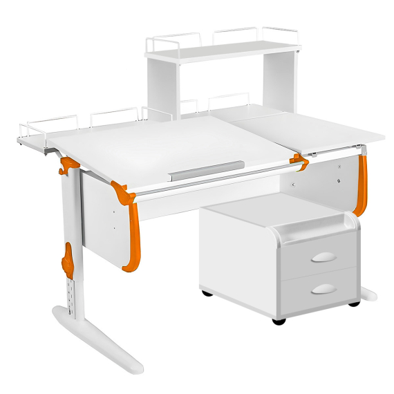 Парта Дэми СУТ-25-04Д1 120 см раздельная с тумбой с приставкой и надстройкой белый/оранжевый/белый c тумбой ТУВ-09 Парта Дэми СУТ-25-04Д1 120 см раздельная с тумбой с приставкой и надстройкой белый/оранжевый/белый c тумбой ТУВ-09