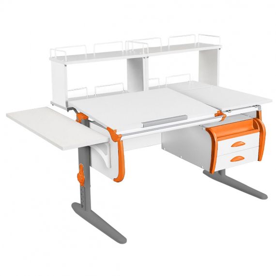 Парта Дэми СУТ-25-05Д2 120 см раздельная с тумбой с приставкой и надстройками белый/оранжевый/серый каркас
